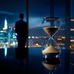 Poster - A business professional gazes out at a city skyline at night, with an hourglass symbolizing the passage of time and the importance of timing in decision-making