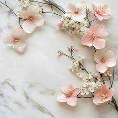 Canvas Print - Delicate pale pink blossoms arranged elegantly on a marble surface in natural light