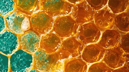 Poster - Detailed Close-Up Shot of a Honeycomb Pattern with Hexagonal Cells and Viscous Golden Honey
