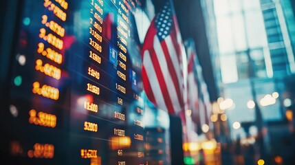 Poster - Stock Market Display with American Flag in Background, Financial Data on Digital Screen, Trading Floor Abstract, Economic Trends, Investment Statistics, Business Environment