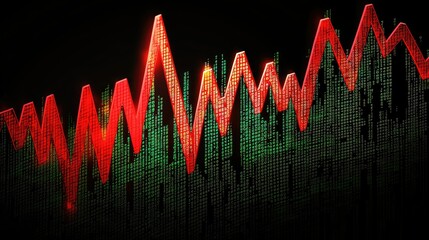 Poster - Abstract representation of stock market trends with fluctuating red and green lines, illustrating financial data, investment analytics, and market volatility in a digital format