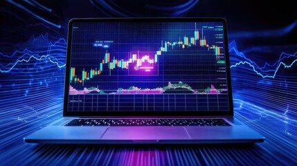 Poster - Modern Laptop Displaying Financial Data on Stock Market Graph with Colorful Candlestick Chart and Vibrant Line Trend Visualization for Analysis and Investment Insights