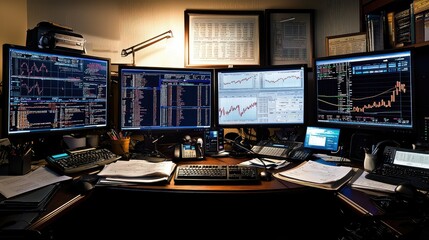Aufkleber - A Busy Trading Desk with Multiple Computer Monitors Displaying Stock Market Data and Financial Graphs in an Office Environment