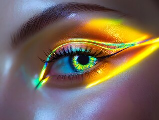 Aufkleber - Close-Up of a Stunning Eye with Vibrant Colors and Artistic Makeup, Featuring Iridescent Patterns and Striking Graphic Design Elements