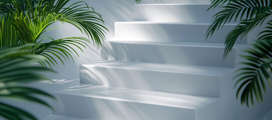 Poster - White stone steps surrounded by lush green foliage in a serene garden setting