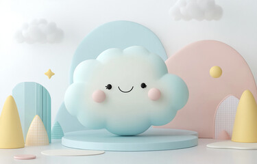 Aufkleber - Cute cloud character surrounded by pastel shapes and playful elements in a whimsical setting