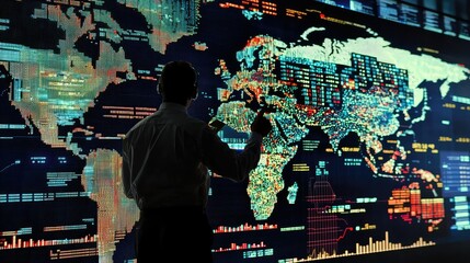 Poster - Businessman Analyzing Global Data Trends on a Digital Map with Colorful Visualizations and Statistics on a Large Screen in a Modern Office Environment