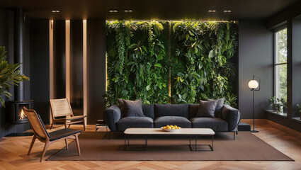 Wall Mural - stylish living room with a contemporary design includes a central dark gray sofa, a wooden chair with a woven backrest complements the setting. The room's focal point is a lush vertical garden wall.