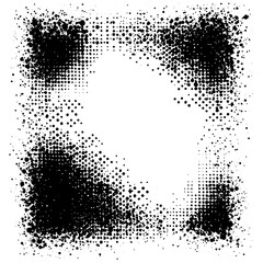 Poster - Vector grunge frame with halftone dot gradient and rough texture. Black and white stipple effect with faded edges and grainy overlay.