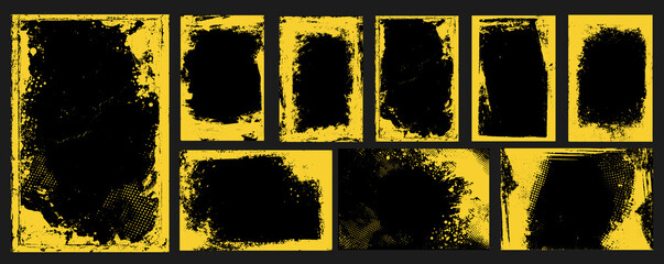 Wall Mural - Vector grunge frame with yellow halftone paint splashes and rough brush strokes. Abstract background featuring dark, creative design elements perfect for music event posters.