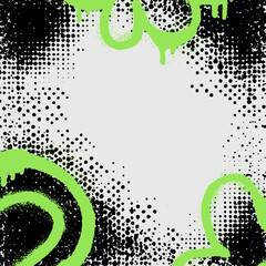 Poster - Graffiti spray acid frame with halftone dots and splatter. Retro vector background featuring distressed brush strokes, rough edges. 