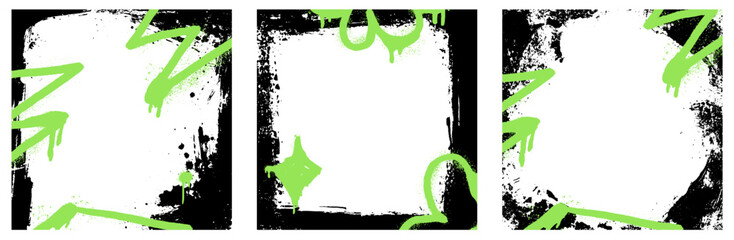 Poster - Spray graffiti green element rough paint. Vector abstract frame set with black graphic on grungy paper background.