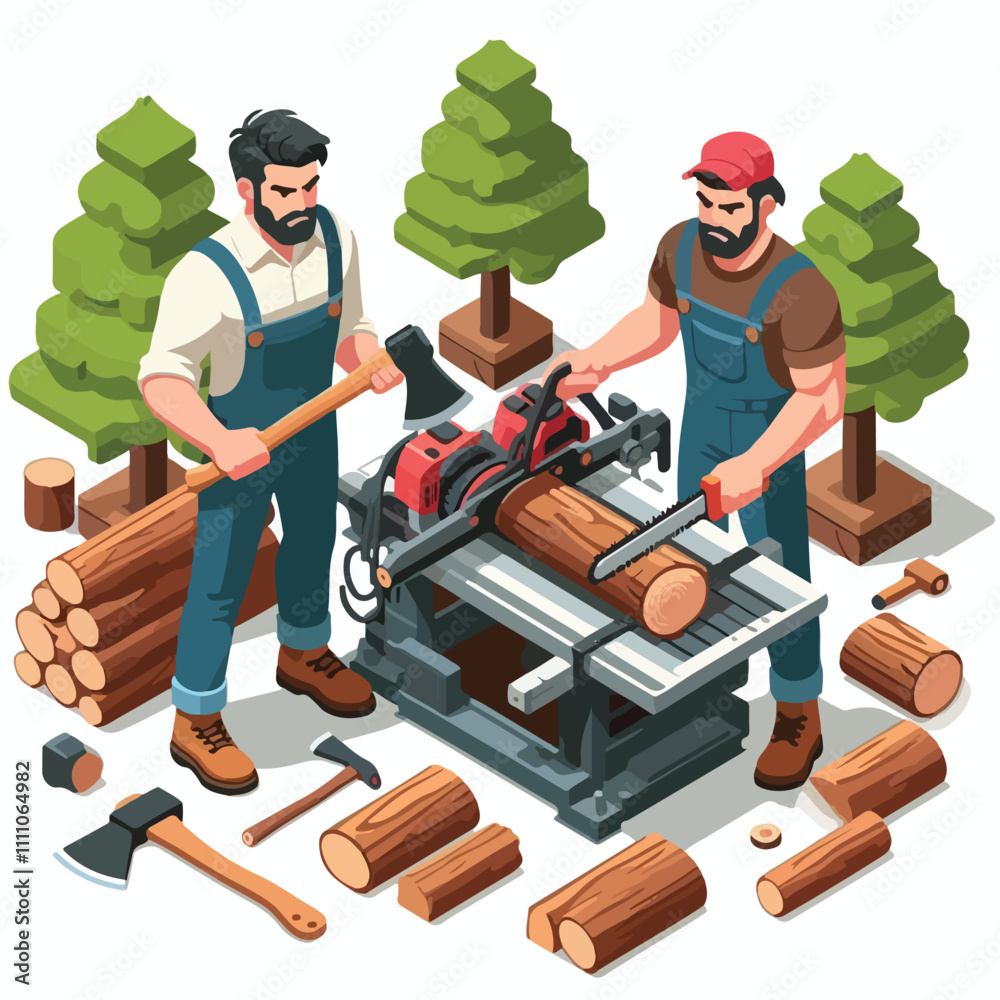 Isometric lumberjack male character holding an axe and wood log ...