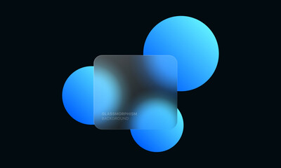 glassmorphism background banner with transparent glass frame template . Realistic Frosted glass morphism effect with blurred abstract gradient blue circle shapes. Vector illustration