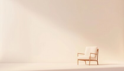 Poster - Minimalist Design Featuring a Single Chair in the Corner of a Bright, Calm Room with Soft Lighting and Neutral Tones
