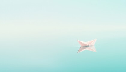 Poster - Tranquil Scene of a Single Paper Boat Floating on a Calm Expansive Body of Water Under Soft Blue Tones