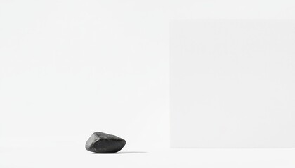 Poster - Minimalist Composition Featuring a Single Stone on a Smooth Surface with White Background for Artistic Inspiration