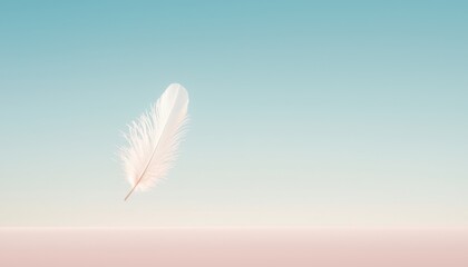 Poster - Elegant Minimalist Design Featuring a Single Feather Floating in Serene Pastel Background