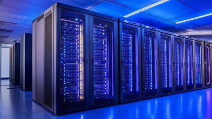 Poster - A modern data center filled with server, illuminated by blue LED light for efficient operation.
