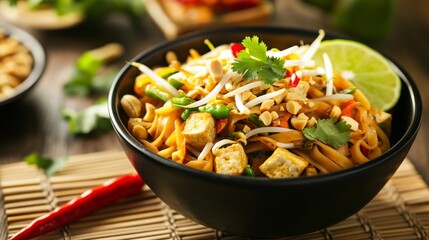 Wall Mural - Photo of, A vibrant bowl of vegetable pad thai with tofu, bean sprouts