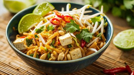 Wall Mural - Photo of, A vibrant bowl of vegetable pad thai with tofu, bean sprouts