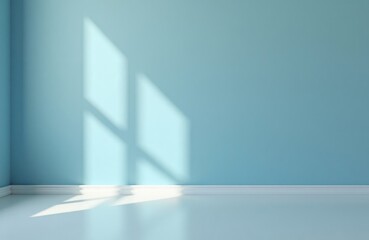 Poster - Empty room with light blue wall, smooth white floor. Sun shadows create patterns on wall. Simple design for interior graphic design. Modern, clean. Blank space for creative ideas. Ideal for