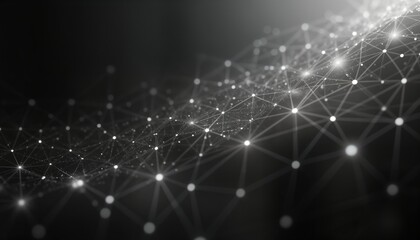 Poster - Abstract tech network design features dark background. Interconnected dots, lines form complex polygonal structure. Futuristic, modern style. Complex geometric shapes create dynamic, futuristic look.