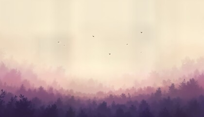 Poster - Misty forest scene at dawn. Soft gradient colours blend purple, pink hues. Birds soar peacefully amidst foggy air. Dense coniferous trees fill landscape in subtle shades of purple, pink. Tranquil,