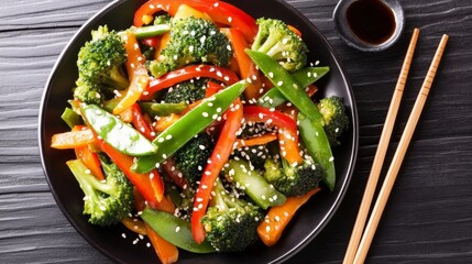 Wall Mural - Photo of, A vibrant plate of vegetable stir-fry featuring broccoli, bell peppers