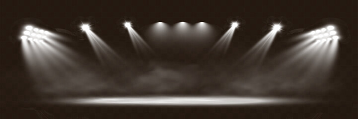 Aufkleber - Spotlights shining down in a dark, misty atmosphere, creating a dramatic stage or stadium effect with beams of light piercing through the haze. Ideal for themes related to performances, events.
