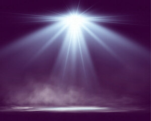 Aufkleber - Spotlights shining down in a dark, misty atmosphere, creating a dramatic stage or stadium effect with beams of light piercing through the haze. Ideal for themes related to performances, events.
