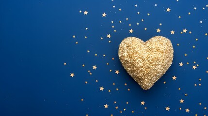 Wall Mural - Golden heart-shaped ornament with scattered golden stars on a deep blue background. Flat lay composition. Love and celebration concept for romantic or festive designs.

