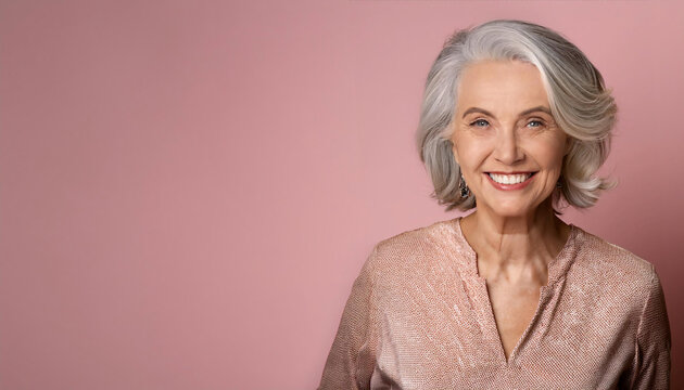 Smiling older woman exudes warmth and joy against a pastel backdrop with ample copy space for text