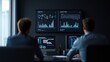 © Riko - Two professionals analyzing charts and graphs on large screens in a dark office.