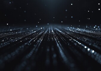 Fototapete - Abstract digital particle lines converging towards a light source on dark background.