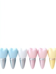 Aufkleber - Colorful dental implants are displayed in a schematic arrangement amidst healthy teeth on a bright white background, allowing for text placement. Generative AI
