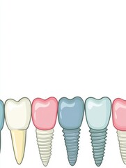 Aufkleber - This graphic artwork displays a dental row with colored implants interspersed among healthy teeth, set against a clean white background. Generative AI