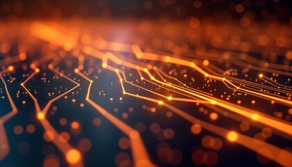 Poster - Abstract digital tech background shows glowing orange-golden circuit pattern. Data transmits through network. Futuristic design with depth of field. Dynamic lines, points symbolize information flow.
