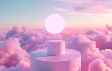Poster - Surreal landscape featuring a glowing sphere above pastel clouds at sunrise