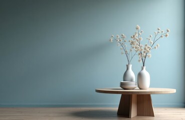 Poster - Empty room with textured dusty blue wall. Minimalist wooden table in center. Decorated with white vases, dry flowers. Modern interior design with copy space. Suitable for product for promotion.