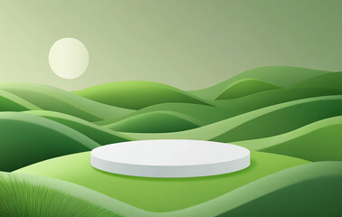 Aufkleber - Green landscape with circular platform under a bright sun and rolling hills during daytime