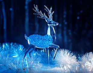 whimsical blue deer made of crystals playing in the ice forest, room for text