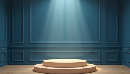 Poster - Empty round light brown podium on blue wall background. Bright spotlights highlight product display area. Minimalist, elegant design for goods. Suitable for product presentations. Modern, stylish
