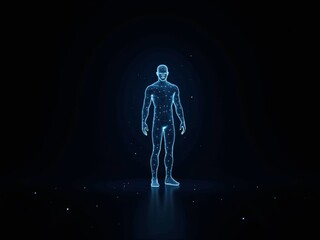 hologram of male body anatomy with lines and glowing particles on dark background.