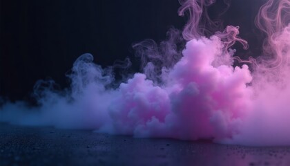 Poster - Purple smoke clouds float over dark ground. Mystical purple mist fills air. Dramatic effect of light, dark. Abstract, mysterious scene. No visible objects. Ideal for advertising mysterious products,