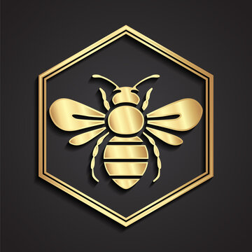 bee in hexagon 3d shiny gold logo design