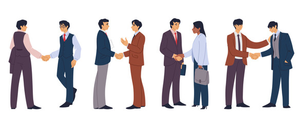 Aufkleber - People handshake. Business man, woman characters in suits, diverse office deal. Happy and professional agreement. Employee partnership communication. Vector cartoon flat isolated set