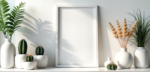 Poster - White frame mockup in Scandinavian interior. Modern ceramic vase with flowers, plants. Empty space for photo poster. Sunlight casts shadows on wall. Home decor. Interior design. Modern style. Simple,