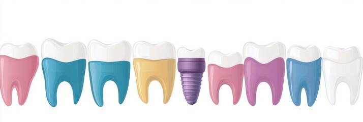 Aufkleber - Schematic displaying a row of healthy teeth with colorful dental implants, featuring a clean background that allows for textual addition. Generative AI