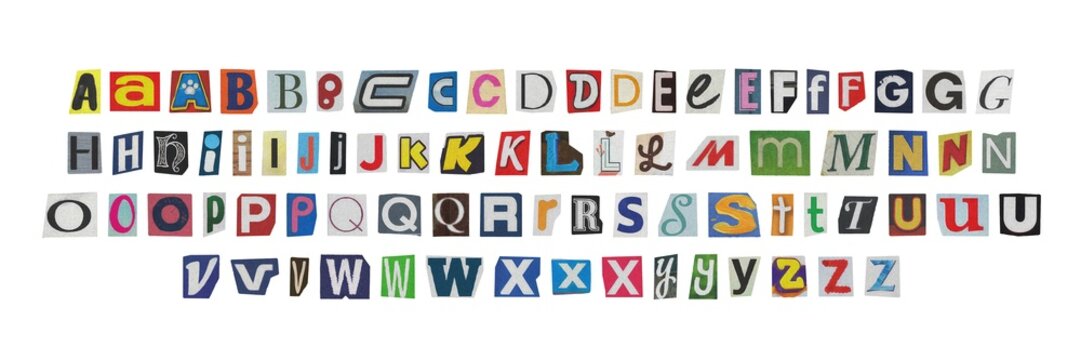 big set of cut-out english png alphabet from magazines on a white background, retro y2k ransom style